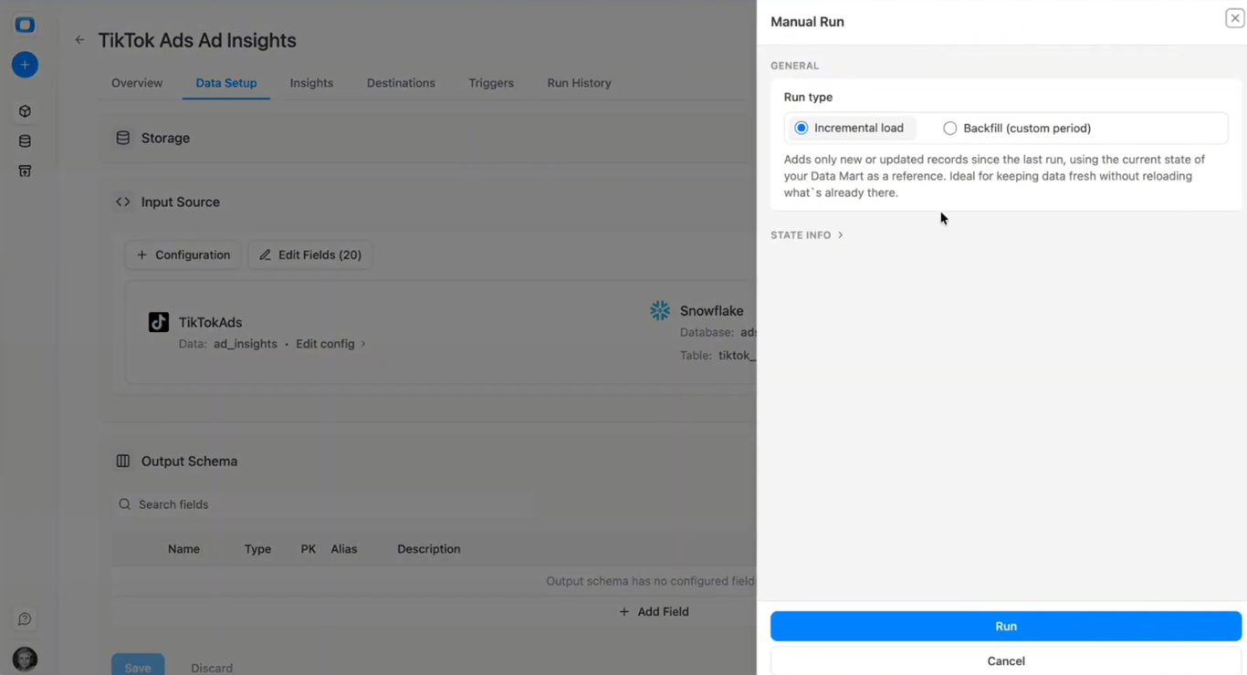 Incremental run configuration window in OWOX Data Marts showing date range and overwrite settings for TikTok Ads. i-shadow