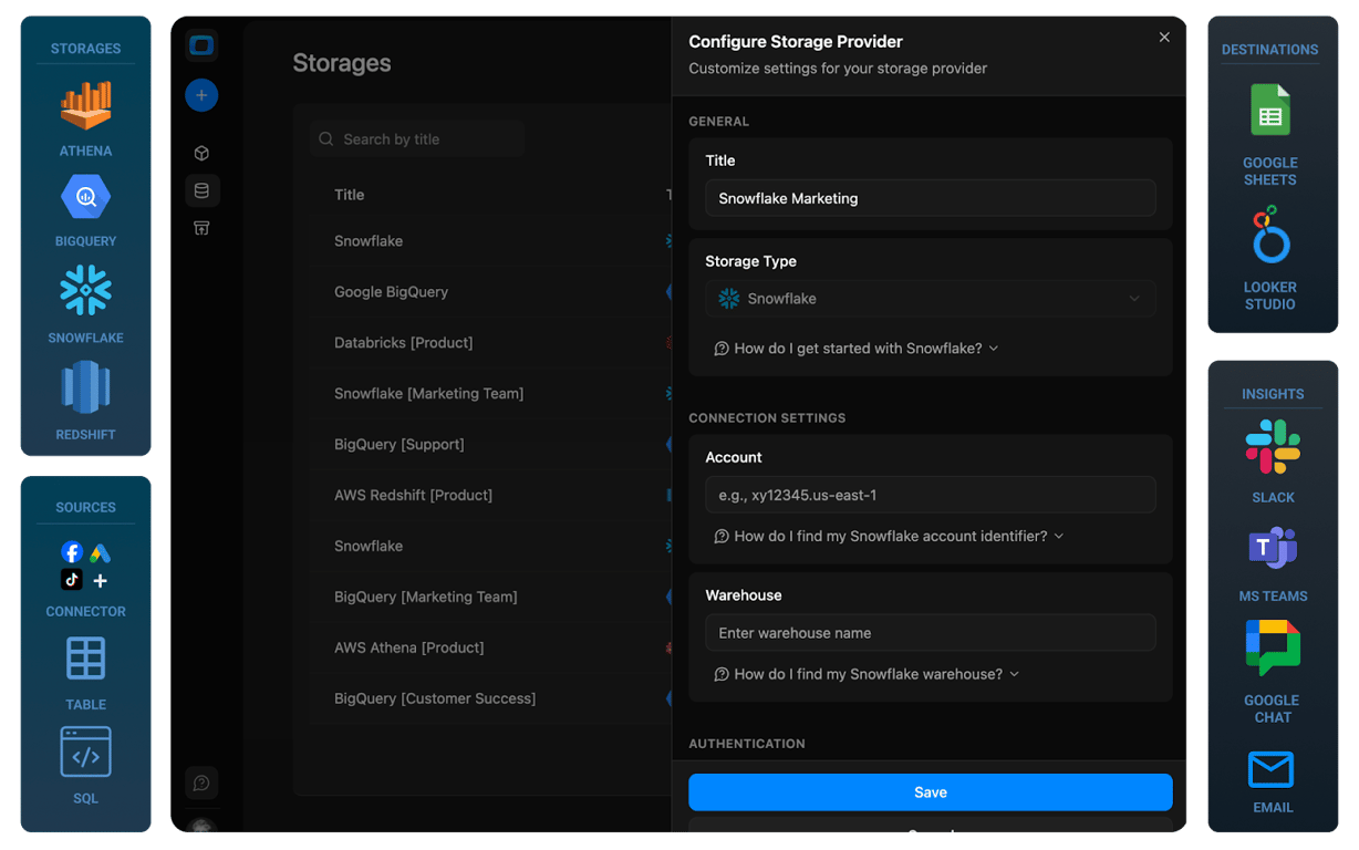OWOX Data Marts Storage configuration interface showing Snowflake connection settings with account, warehouse, and authentication details for secure data access.