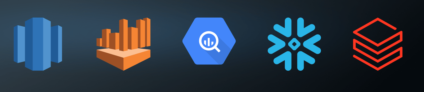 Logos of major cloud data warehouse platforms are displayed side by side, representing options for analytics teams choosing between BigQuery, Snowflake, Databricks, Redshift, and Athena. i-radius