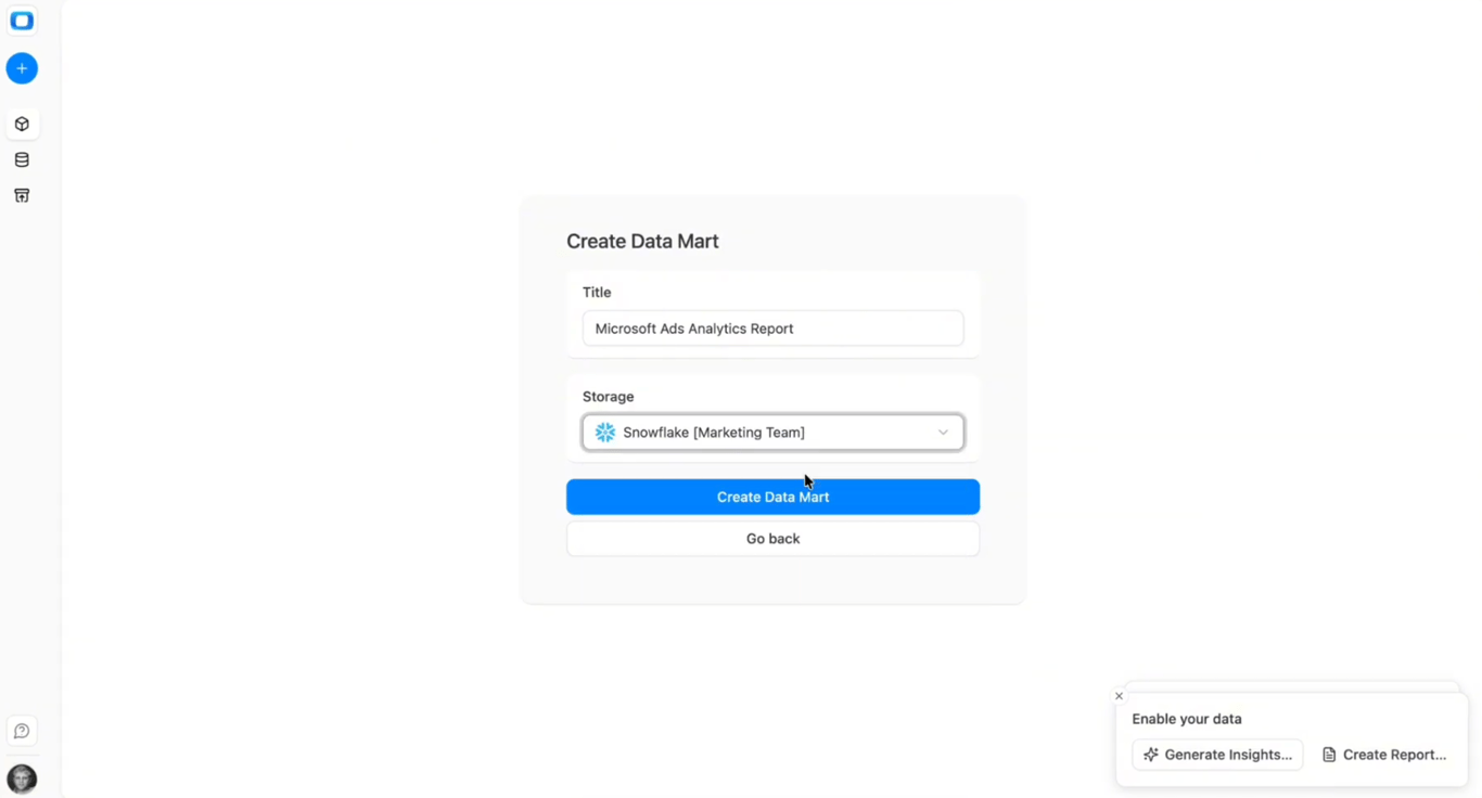 OWOX Data Marts interface showing the Create Data Mart form with Snowflake selected as storage for Microsoft Ads data. i-shadow