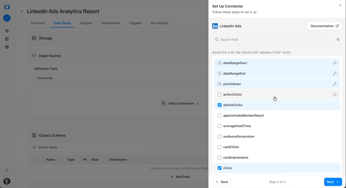  Field selection screen in OWOX Data Marts showing LinkedIn Ads metrics like impressions, clicks, cost, and conversions selected for ingestion. i-shadow  i-radius