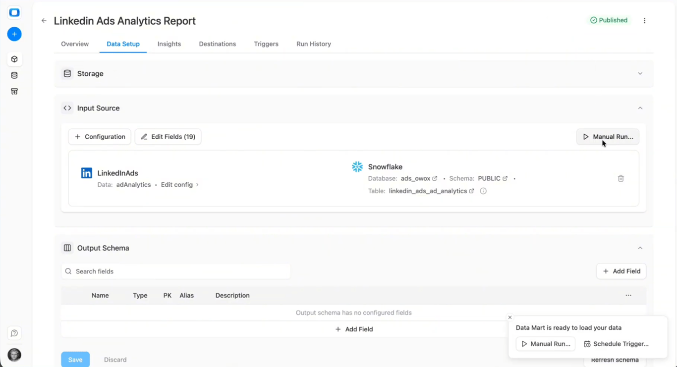 OWOX Data Marts interface showing Manual Run option for a LinkedIn Ads data mart connected to Snowflake. i-shadow i-radius
