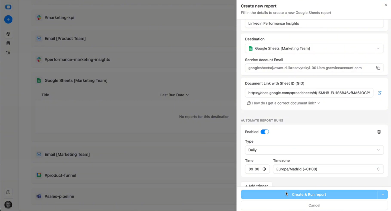 Google Sheets automatically refreshed from Snowflake using a LinkedIn Ads data mart as the reporting source. i-shadow i-radius