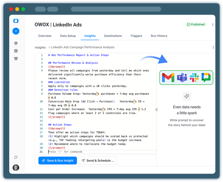 OWOX Data Marts interface showing AI insights configured on top of a LinkedIn Ads data mart with ROAS and CPA performance summaries.