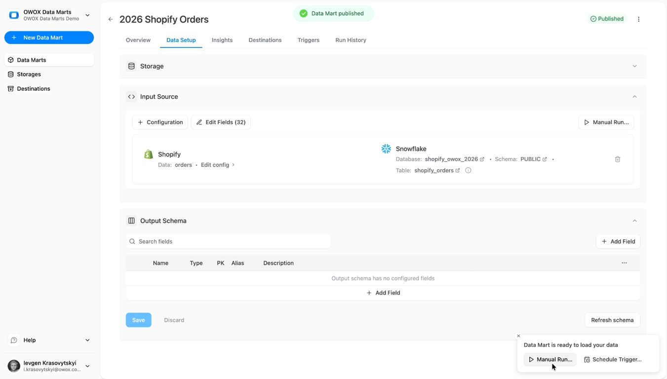 OWOX Data Marts interface showing Manual Run option for a Shopify data mart connected to Snowflake. i-shadow i-radius