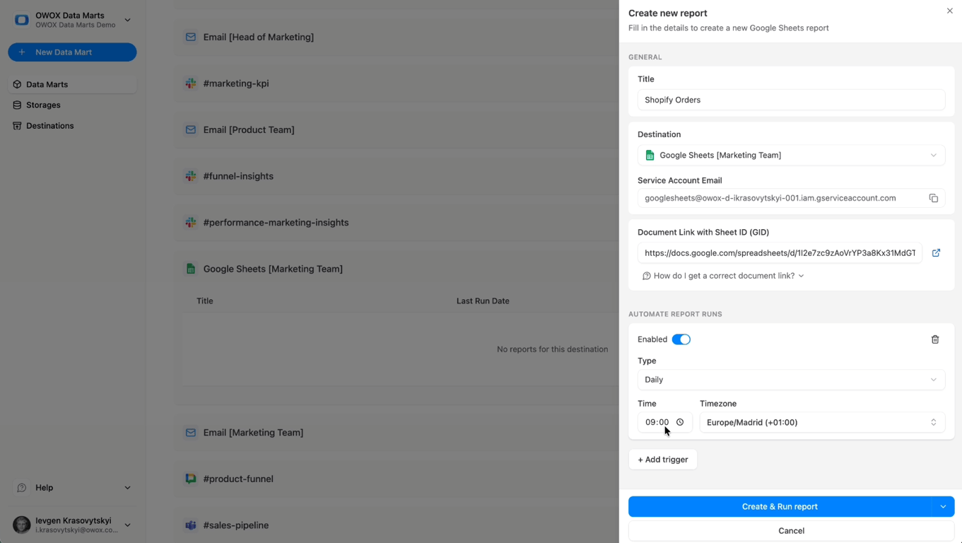 Google Sheets connected to Shopify data mart via OWOX Reports, displaying revenue and order metrics. i-shadow i-radius