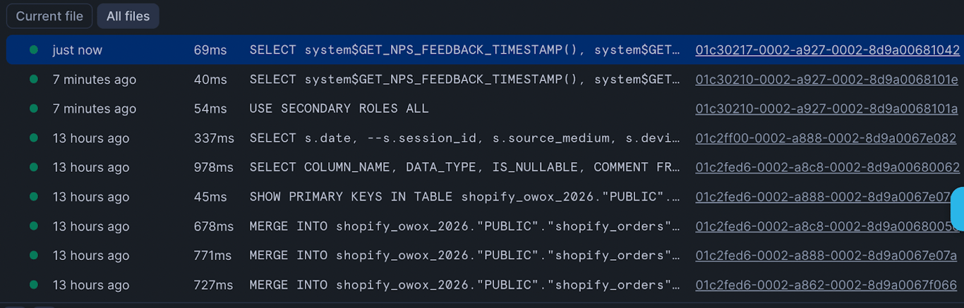 Snowflake Query History - All files . i-shadow