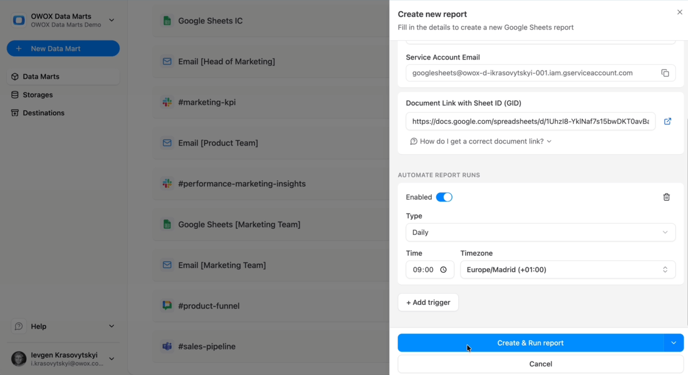 OWOX Data Marts report showing automated delivery to Google Sheets with scheduled report times. i-radius i-shadow