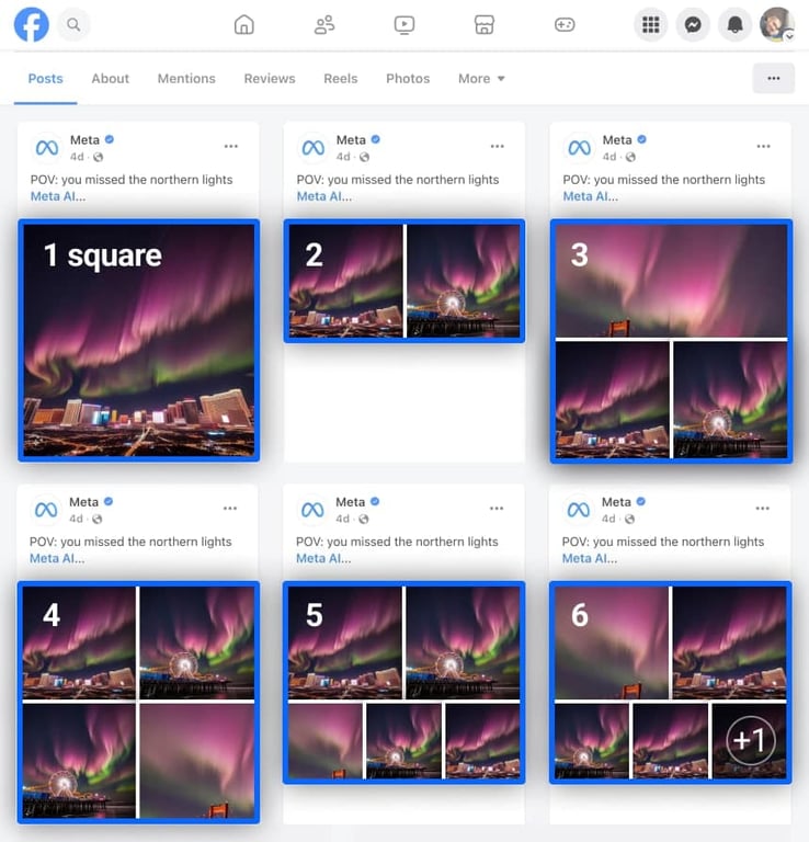 Layout showcasing multiple square images in Facebook posts, arranged in varying formats i-border i-radius