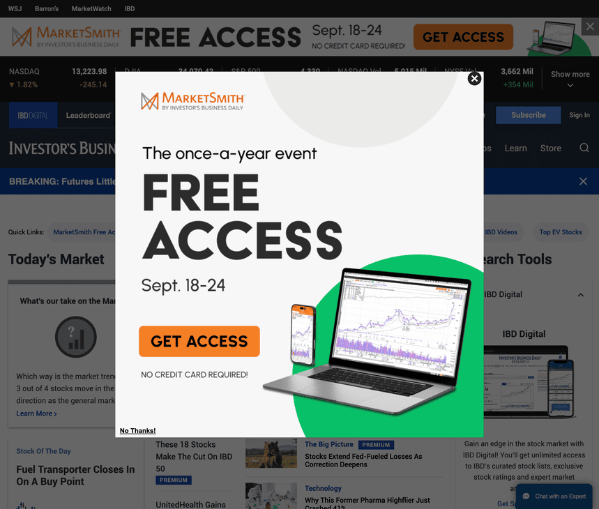 MarketSmith promotional pop-up offering free access to stock market tools for a limited time.
