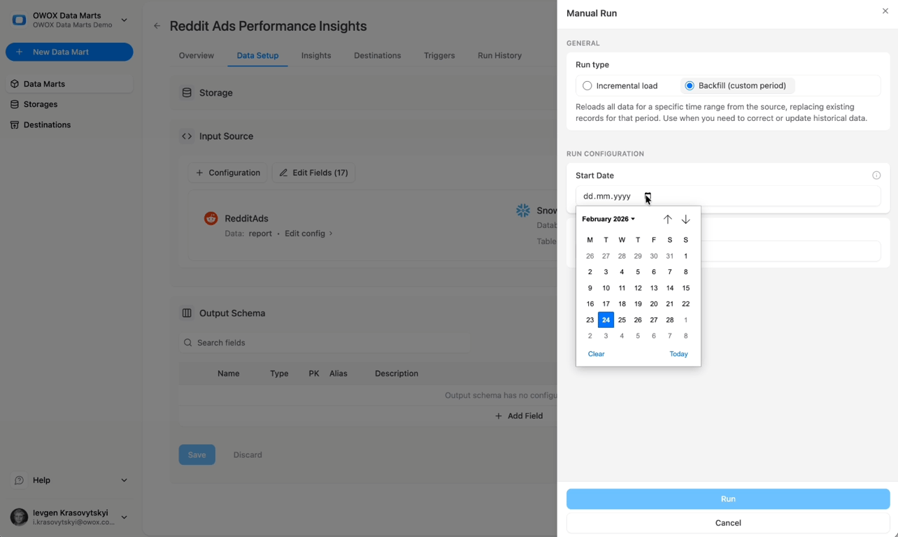 Manual run configuration panel in OWOX Data Marts showing backfill option for Reddit Ads data loading. i-shadow  i-radius