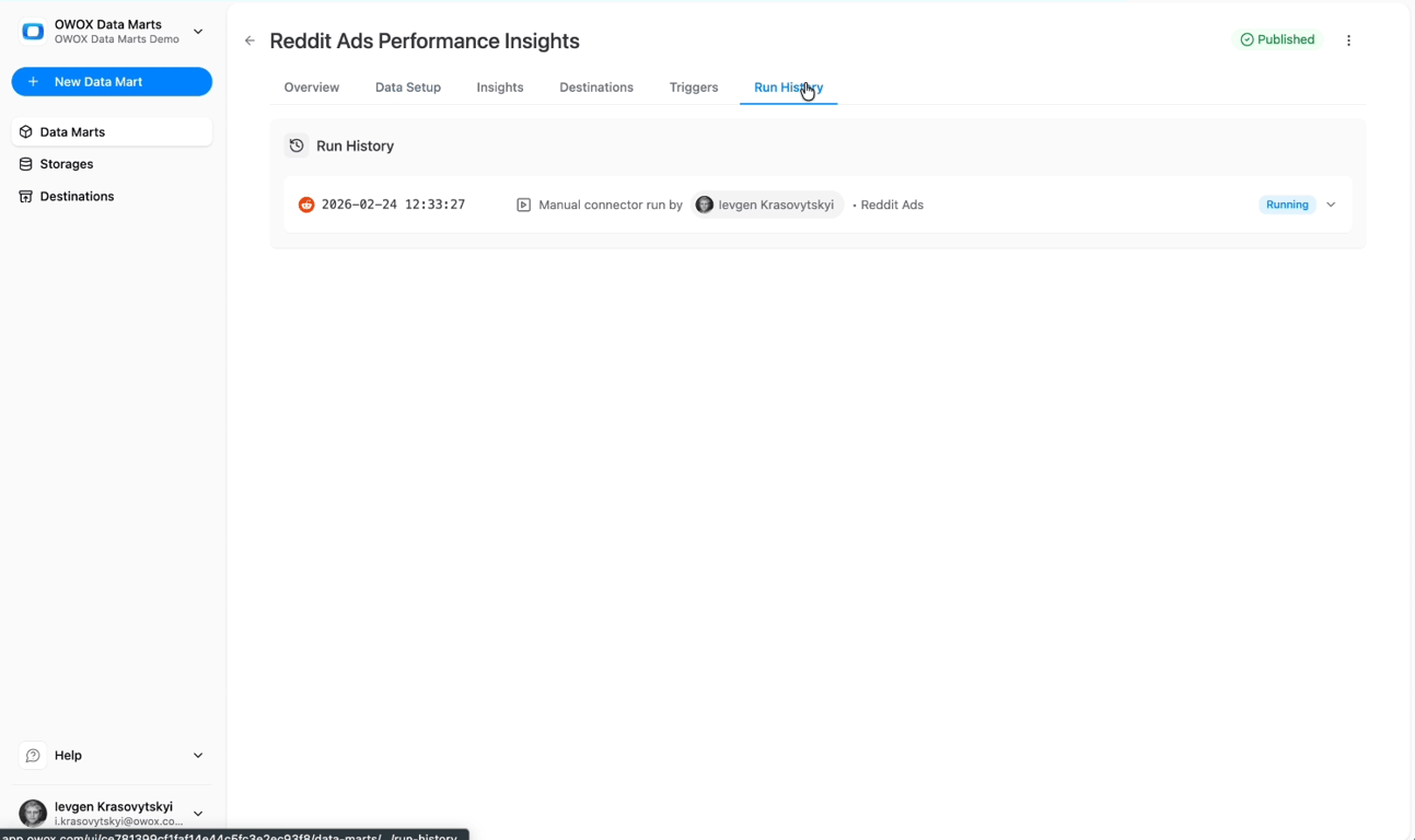 Run History tab in OWOX Data Marts showing execution status, row counts, timestamps, and detailed logs for a Reddit Ads data mart run.  i-shadow  i-radius