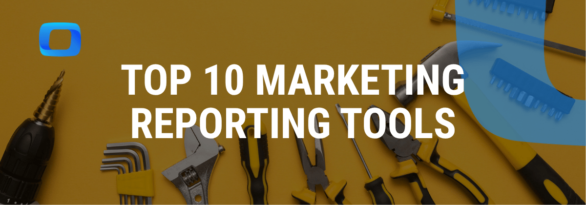 Illustration showing the top 10 marketing reporting tools for advertising with logos and category labels.