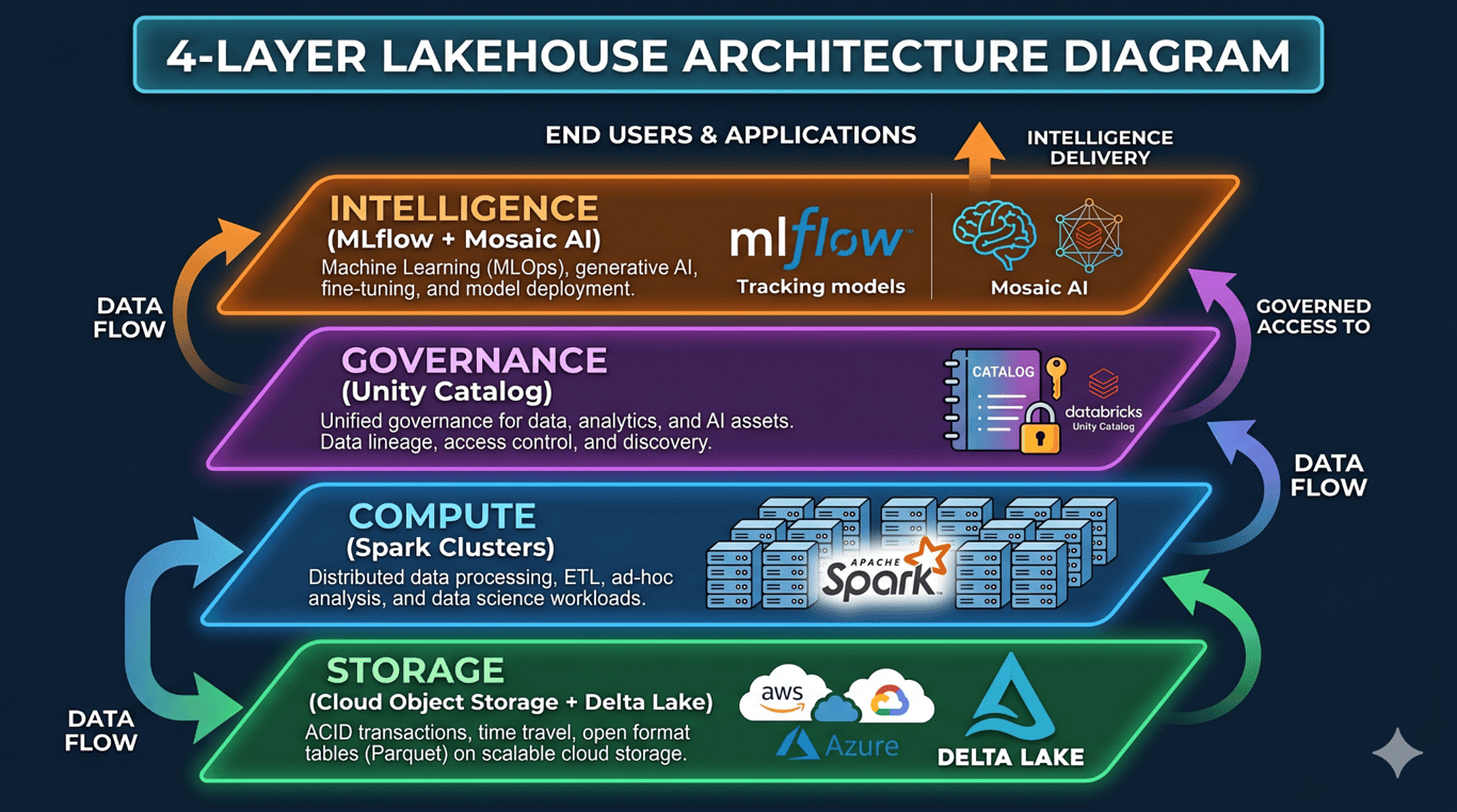 Databricks Lakehouse architecture diagram showing four layers: storage, compute, governance, and intelligence