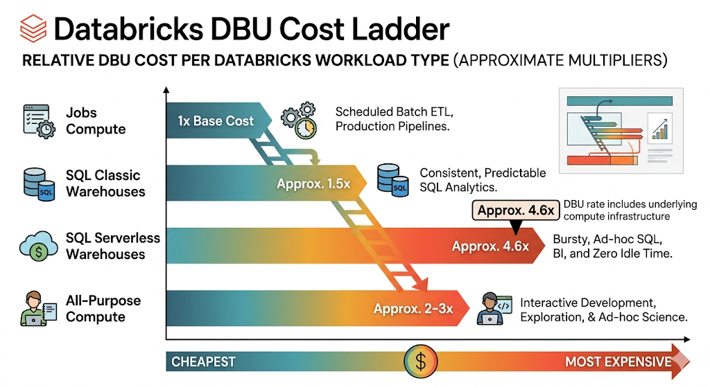 Databricks workload types ranked by DBU cost from cheapest jobs compute to most expensive all-purpose compute