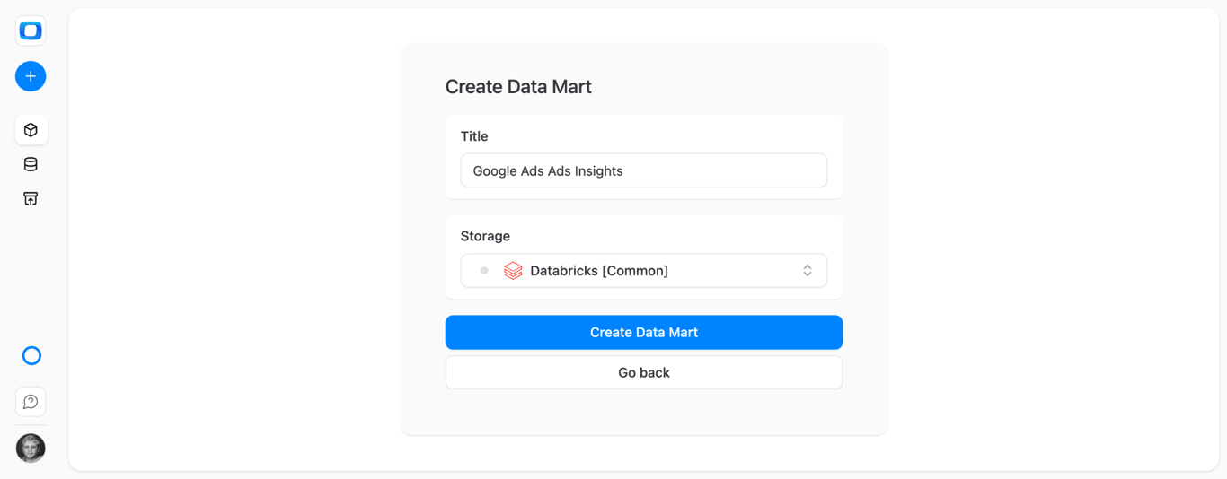 OWOX Data Marts page with Create Data Mart button for setting up Google Ads connector. i-shadow
