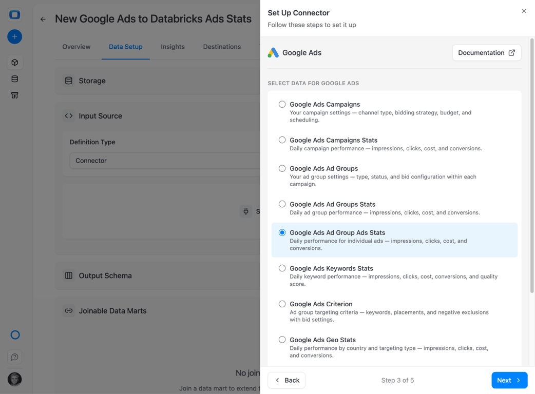 OWOX Google Ads endpoint selection showing available API resources for Databricks import. i-shadow