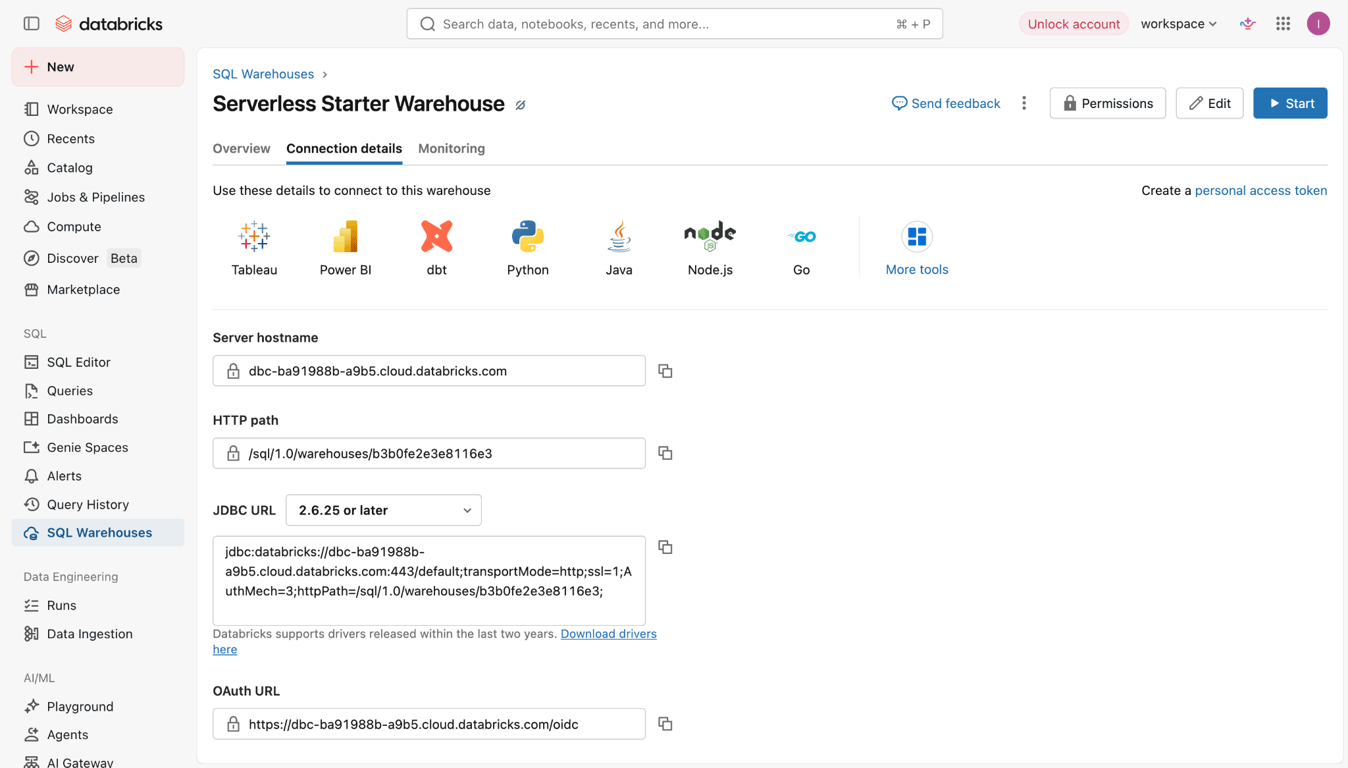 Databricks SQL Warehouse connection details showing HTTP path for OWOX connector setup. i-shadow