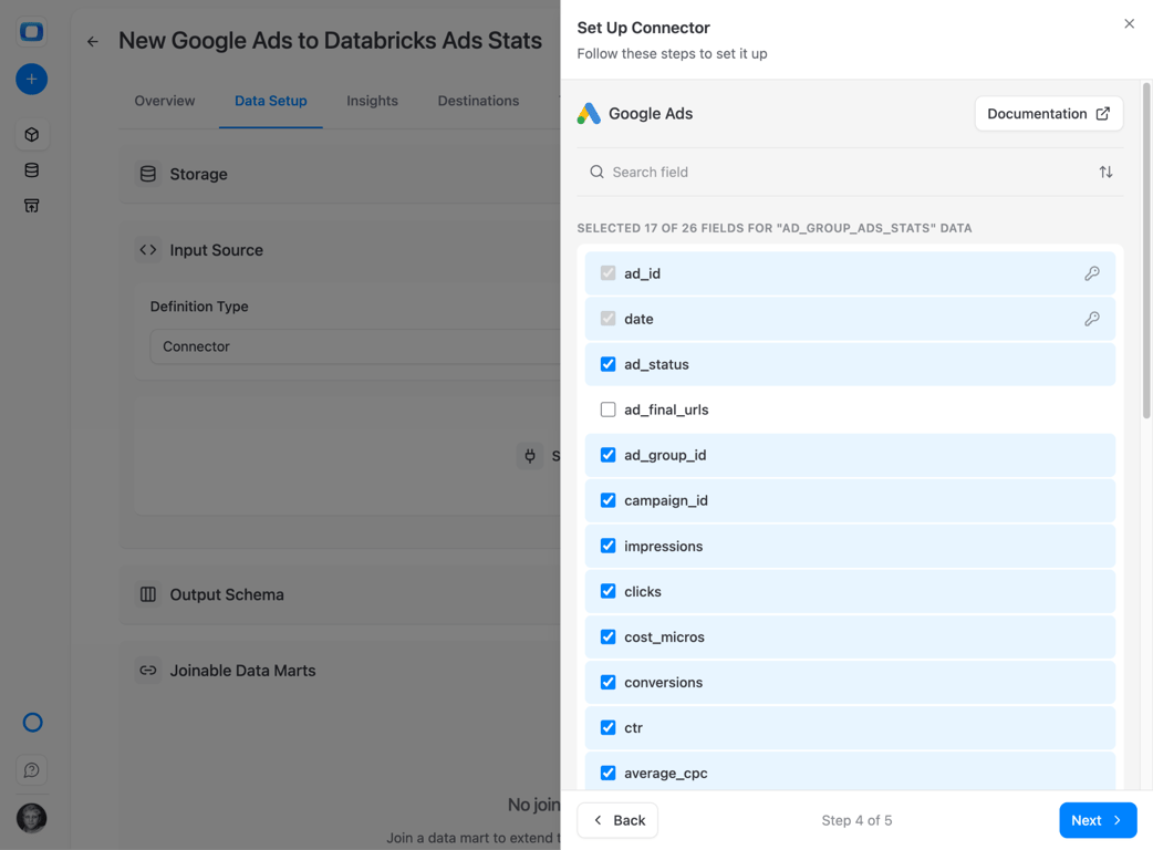 OWOX Google Ads field selection for customizing which data columns import into Databricks. i-shadow