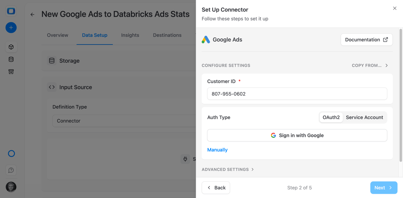 OWOX Google Ads customer ID selection after OAuth authorization. i-shadow