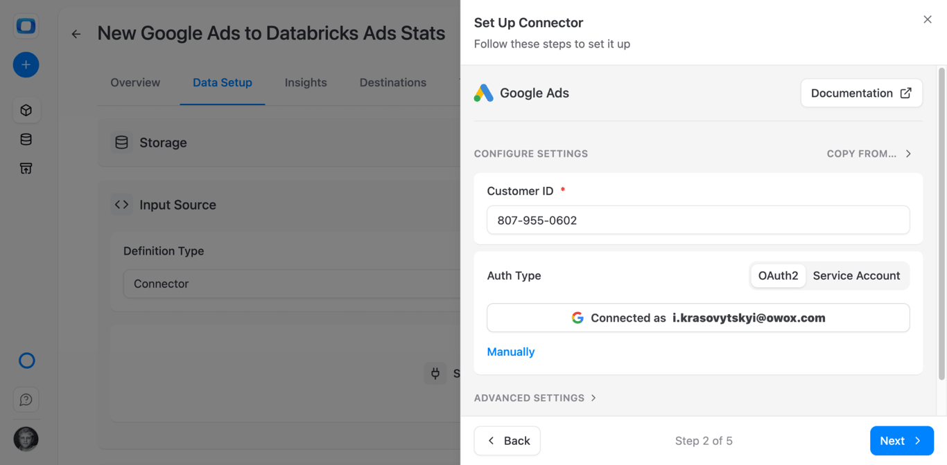 Google OAuth authorization screen for connecting Google Ads account to OWOX. i-shadow