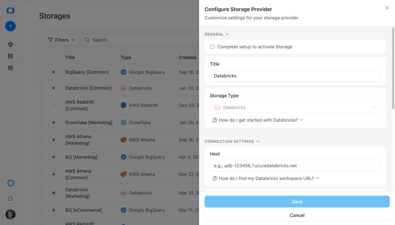 OWOX storage selection dialog showing Databricks among supported data warehouses