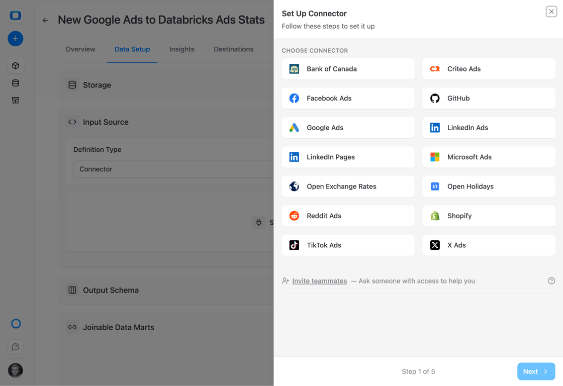 OWOX connector library showing Google Ads among available data source connectors. i-shadow