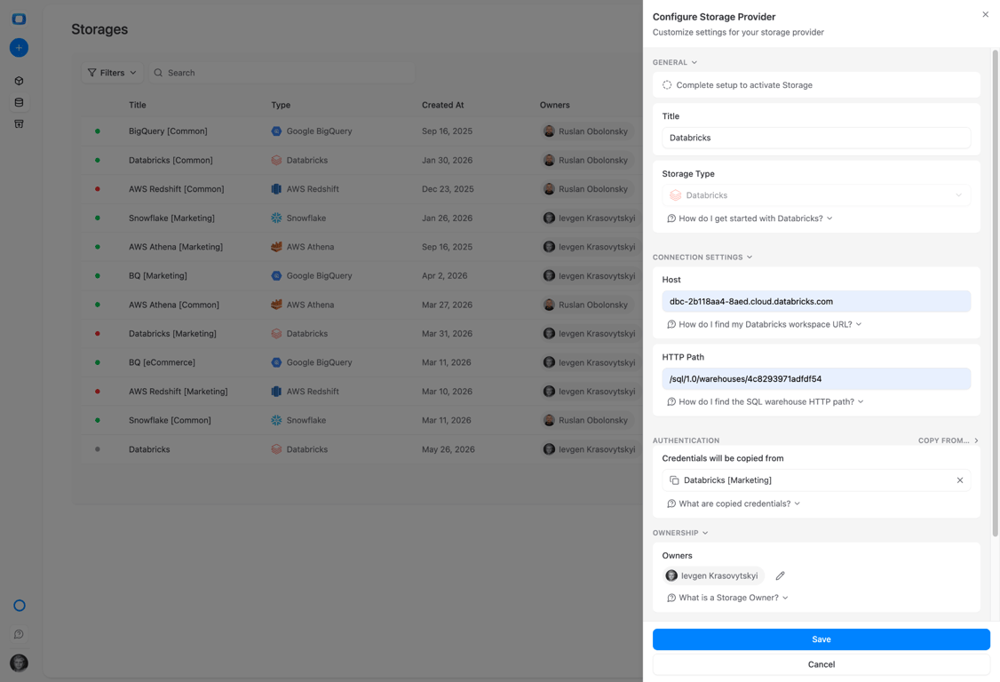 OWOX Databricks storage setup form with workspace URL, HTTP path, and personal access token fields