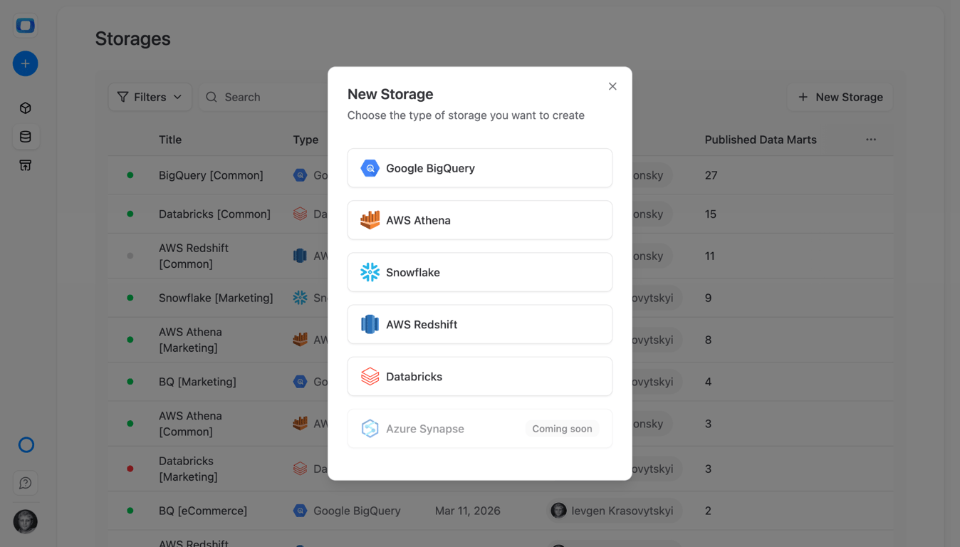 OWOX Settings page showing Storages section where users add Databricks as a data destination