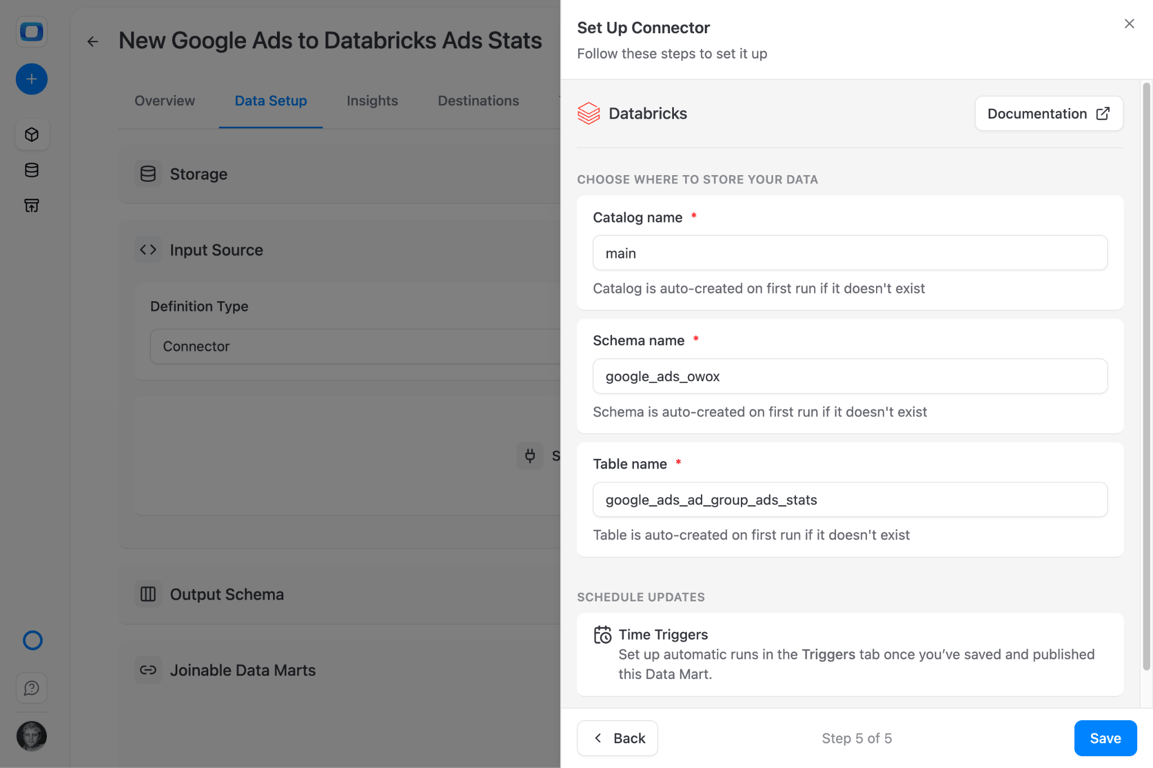 OWOX Databricks destination configuration with catalog, schema, and table prefix settings. i-shadow