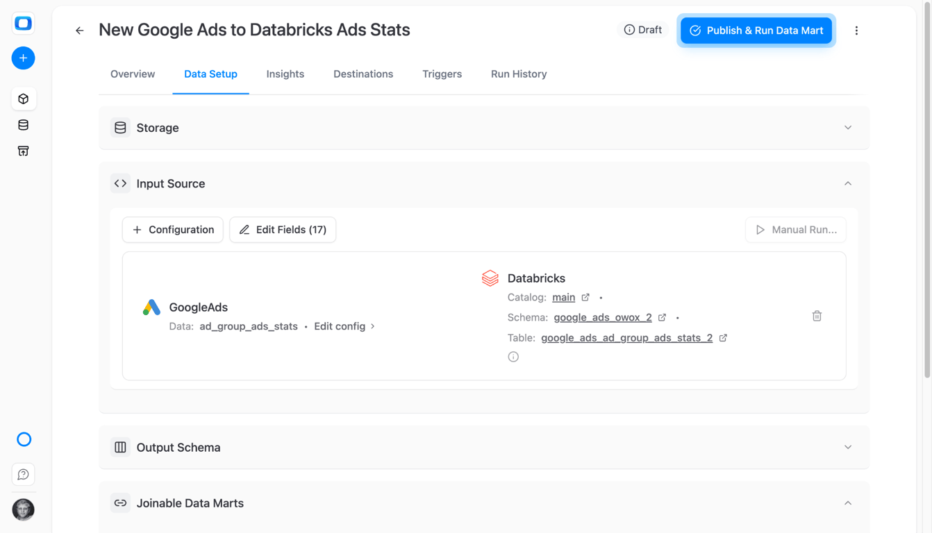 OWOX data mart publish screen showing Google Ads to Databricks pipeline configuration summary. i-shadow