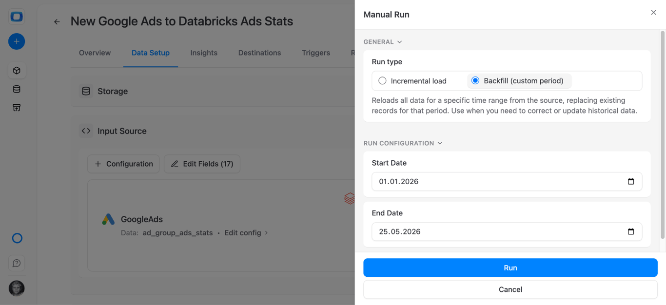 OWOX data mart ready to run with Run Now button for initial Google Ads data import to Databricks. i-shadow