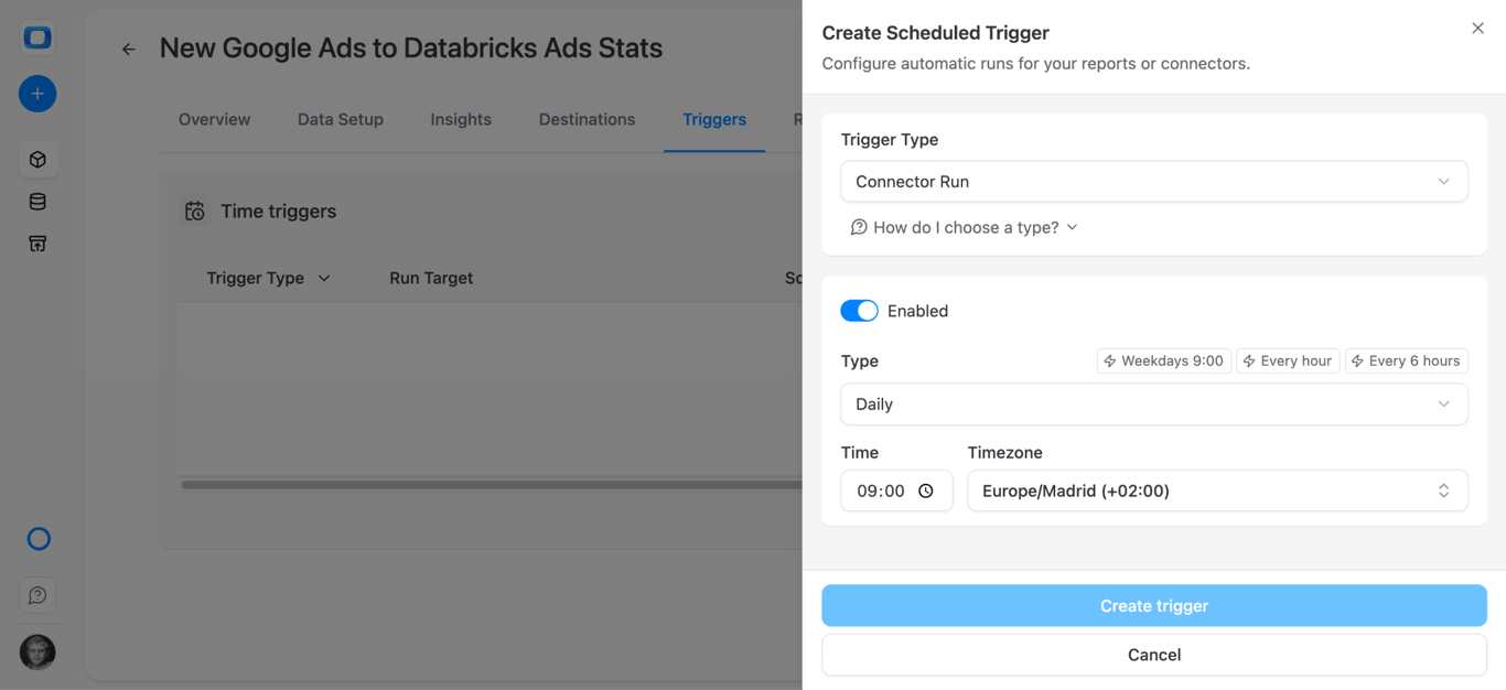 OWOX data mart scheduling options for Google Ads to Databricks refresh frequency. i-shadow
