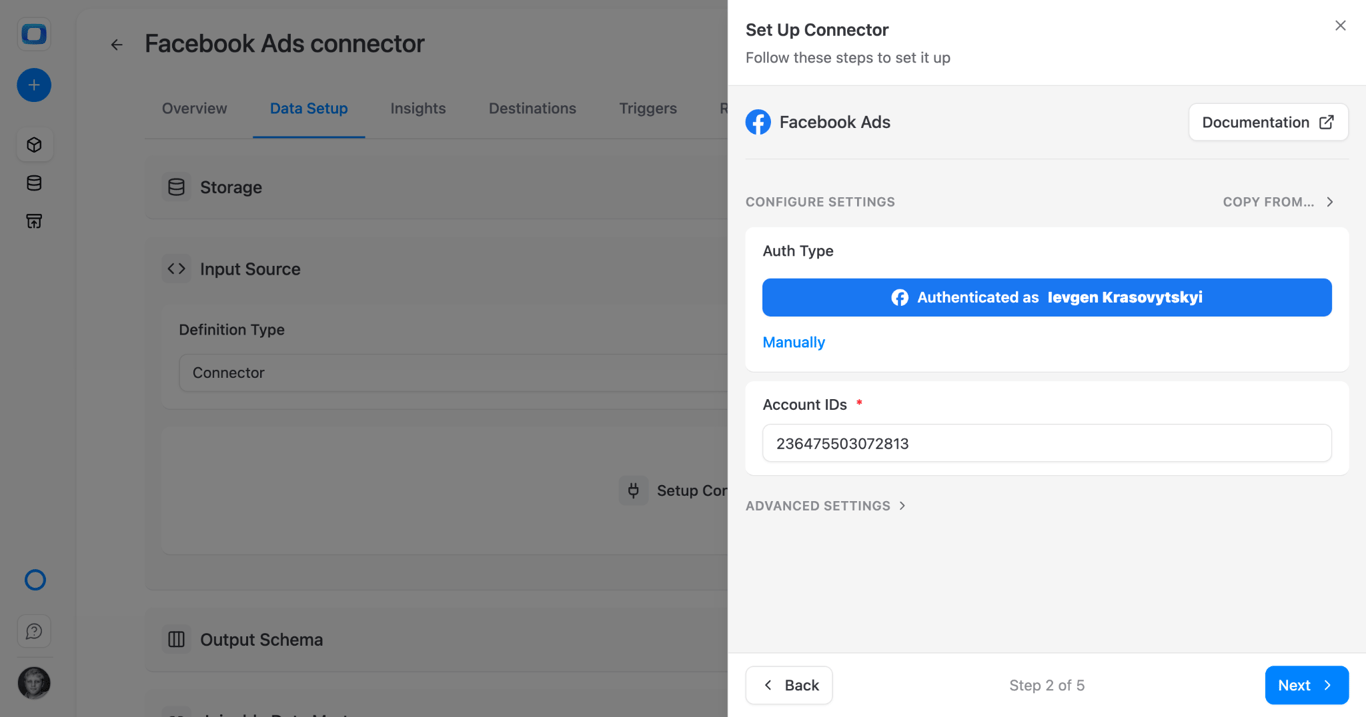 OWOX Facebook Ads account selection after OAuth authorization