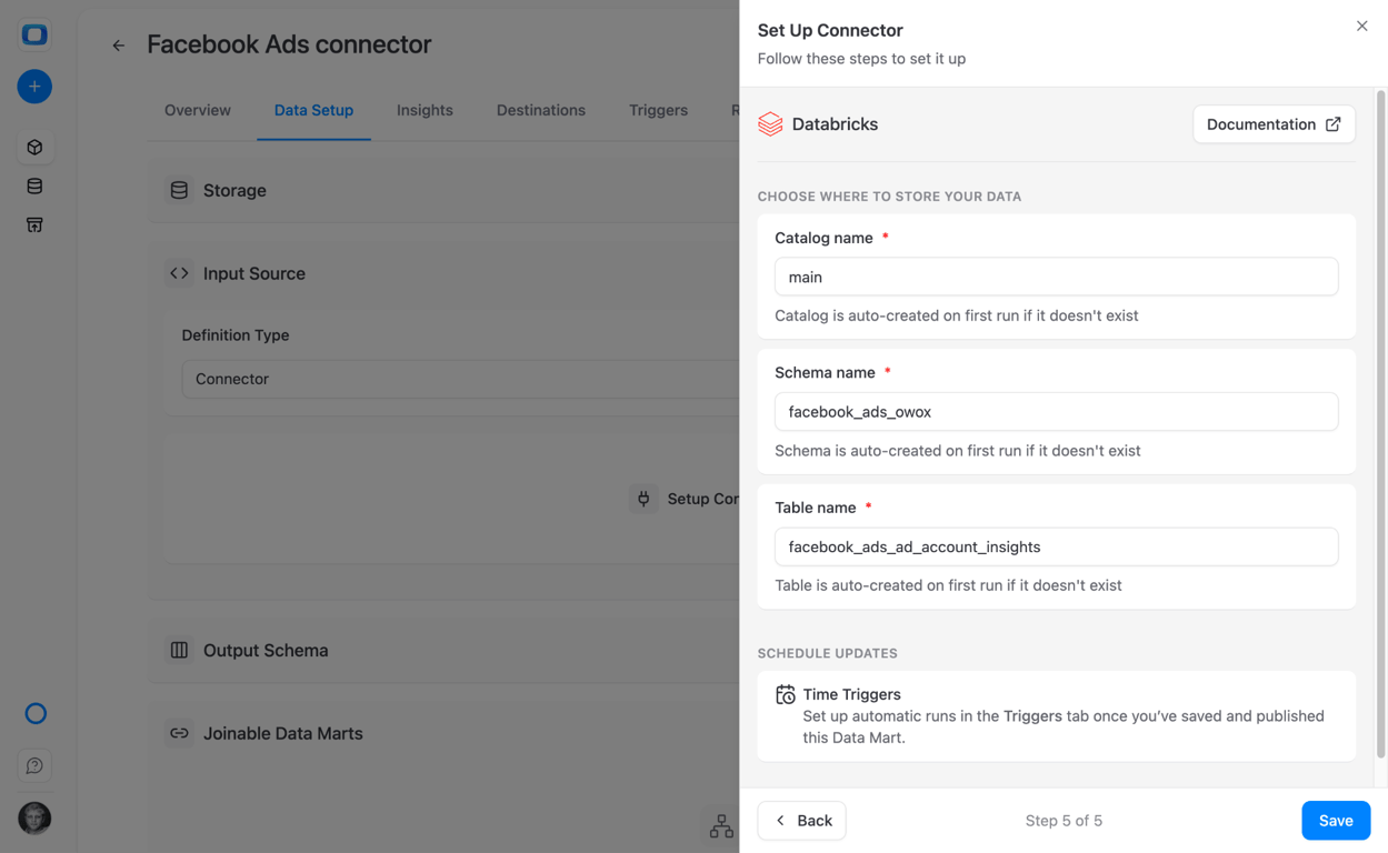 OWOX Databricks destination configuration with catalog, schema, and table prefix settings