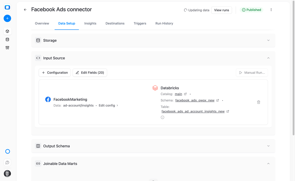 OWOX data mart publish screen showing Facebook Ads to Databricks pipeline configuration summary