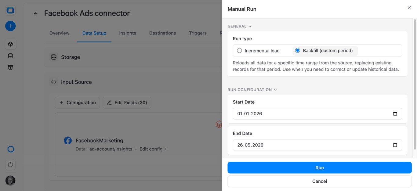 OWOX data mart ready to run with Run Now button for initial Facebook Ads data import to Databricks