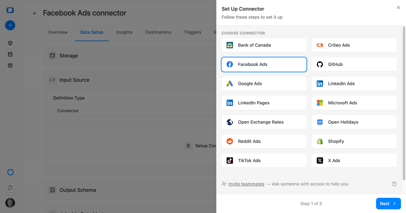 OWOX connector library showing Facebook Ads among available data source connectors