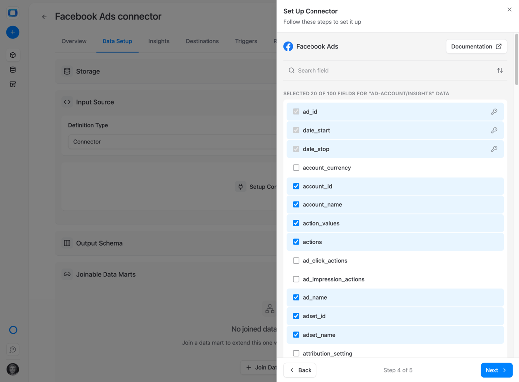 OWOX Facebook Ads field selection for customizing which data columns import into Databricks