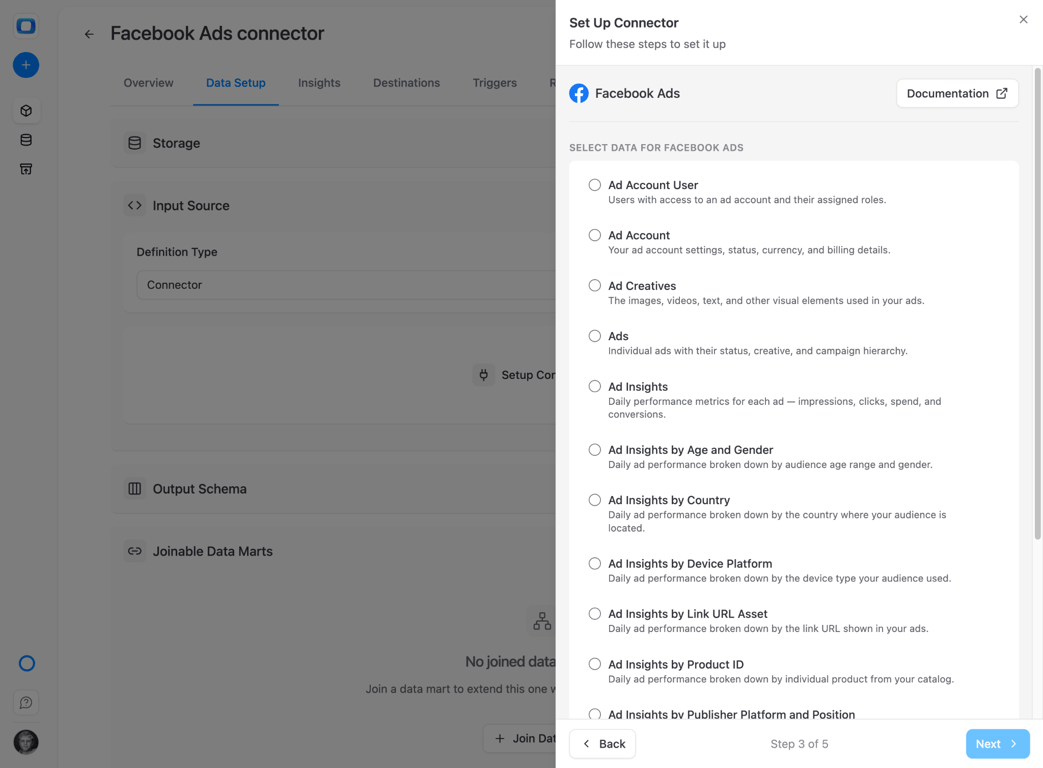  OWOX Facebook Ads endpoint selection showing available API resources for Databricks import