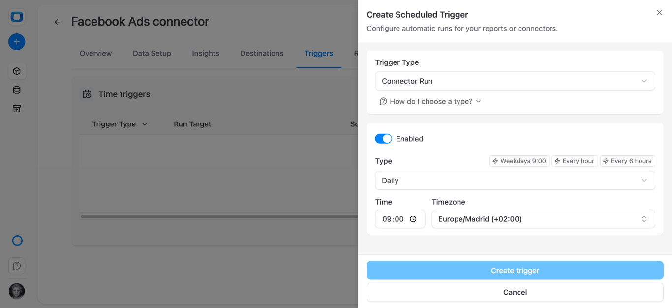 OWOX data mart scheduling options for Facebook Ads to Databricks refresh frequency