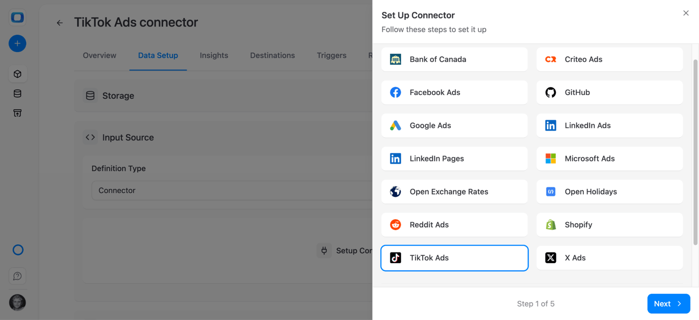 TikTok  connector library showing TikTok Ads among available data source connectors