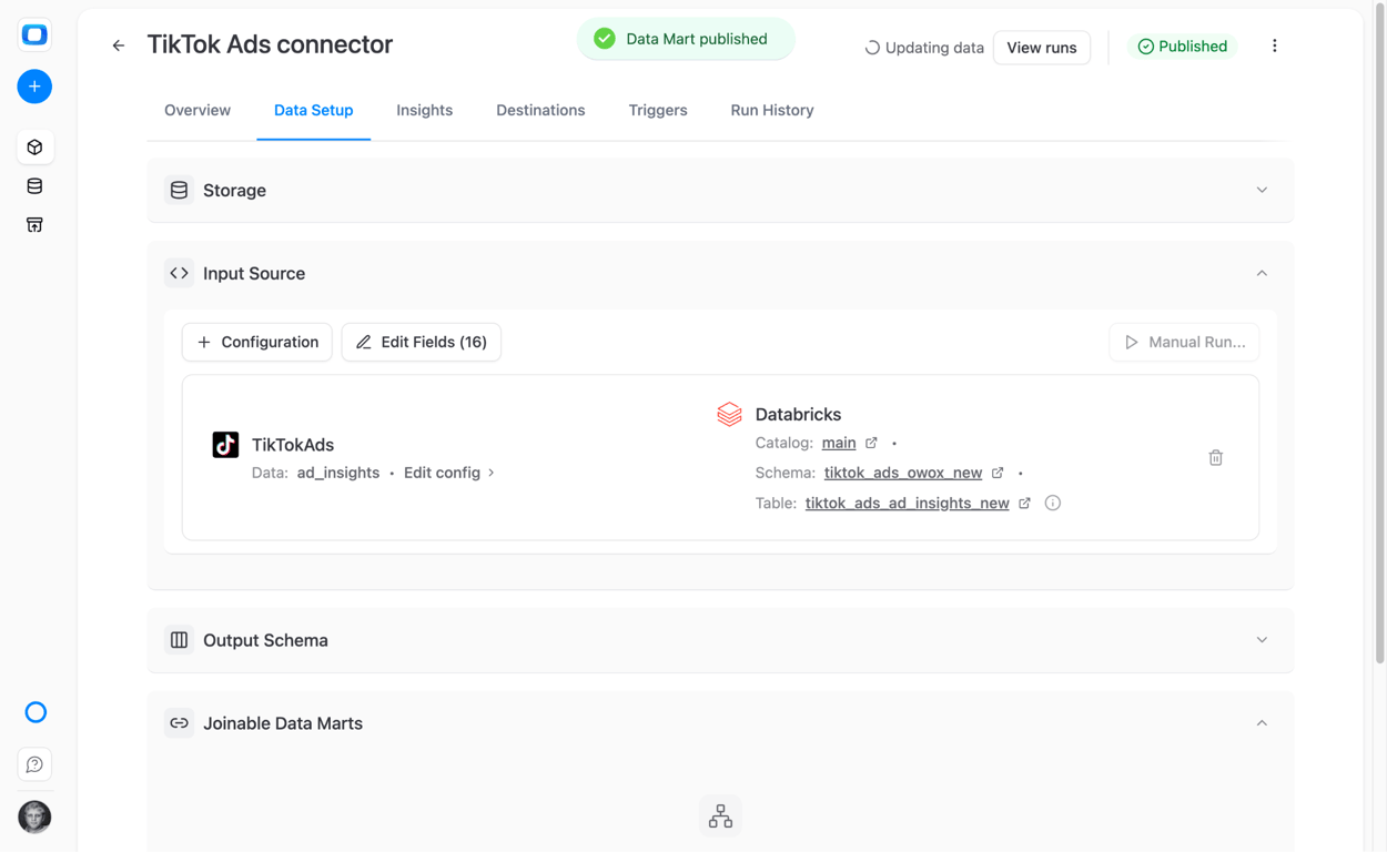OWOX data mart publish screen showing TikTok Ads to Databricks pipeline configuration summary