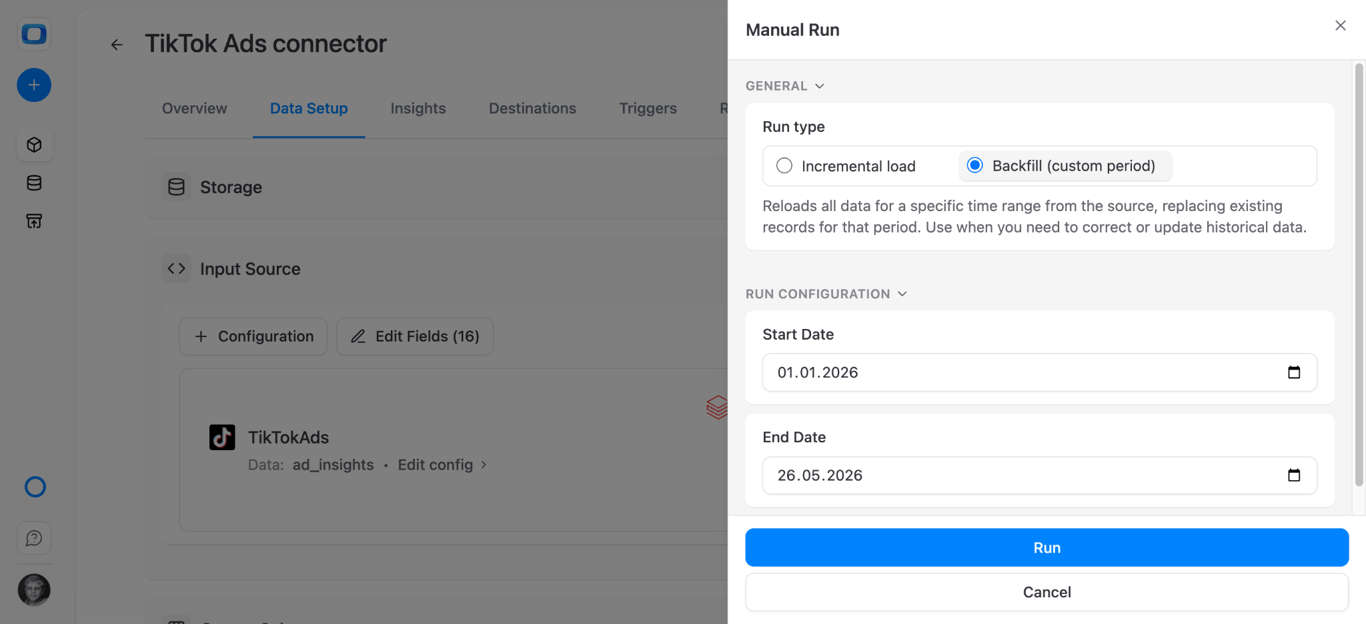 OWOX data mart run options showing incremental and backfill import choices for TikTok Ads data