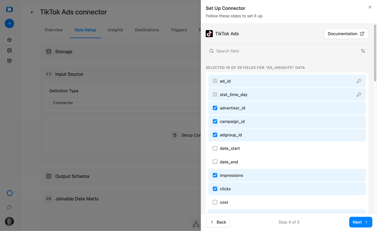 OWOX TikTok Ads field selection for customizing which data columns import into Databricks