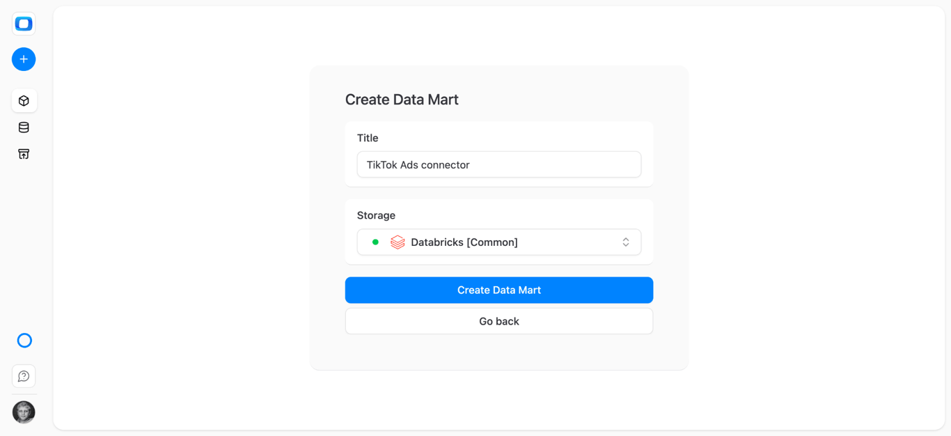 OWOX Data Marts page with Create Data Mart button for setting up TikTok Ads connector