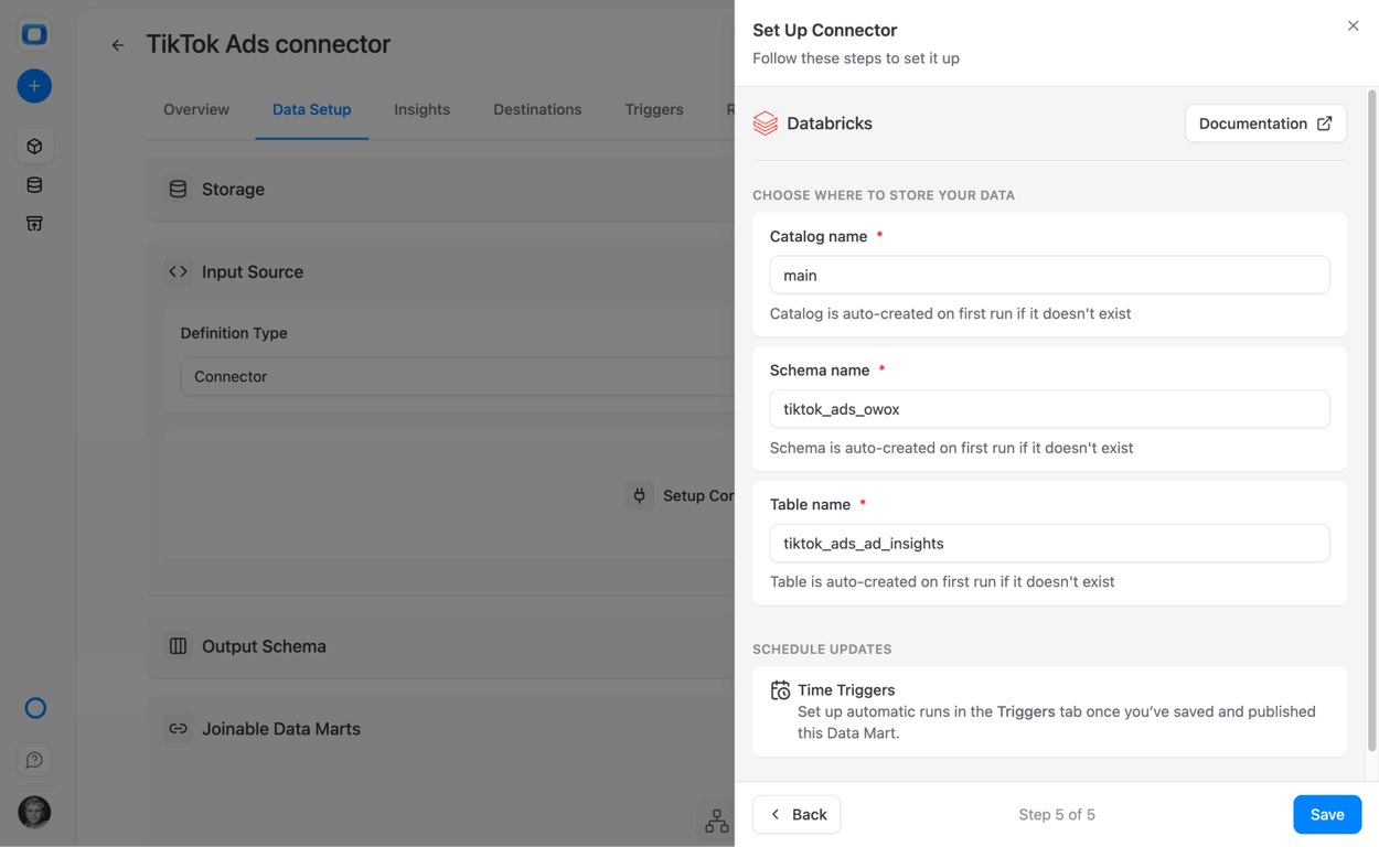 OWOX Databricks destination configuration with catalog, schema, and table prefix settings
