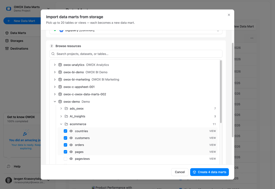 Creating a new data mart library in OWOX Data Marts with Databricks as the data source