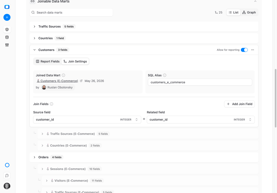 Configuring joinable data marts in OWOX to create a semantic layer for self-service reporting