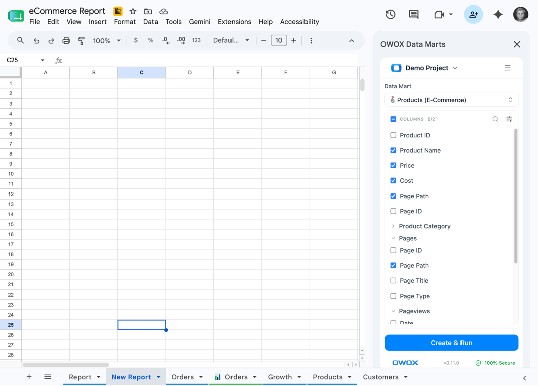Select columns – both native columns and columns from joined data marts appear in the same picker. The business user doesn’t need to know which data mart each column comes from.